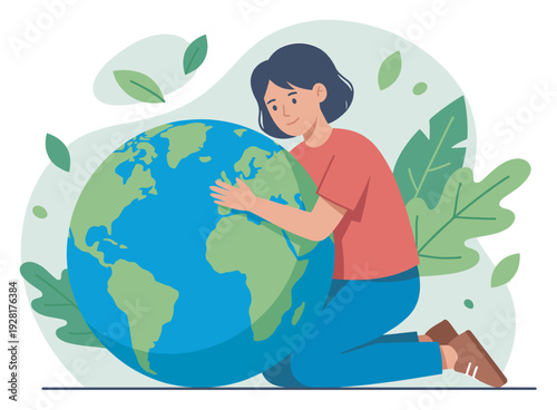 Caring young woman with dark hair tenderly hugging a large globe of planet Earth in a flat vector illustration about environmental conservation and sustainability