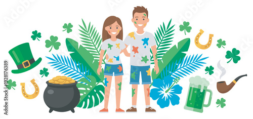 Festive St. Patrick's Day illustration featuring a happy couple covered in paint, surrounded by shamrocks, a pot of gold, a leprechaun hat, and tropical leaves in a flat vector style