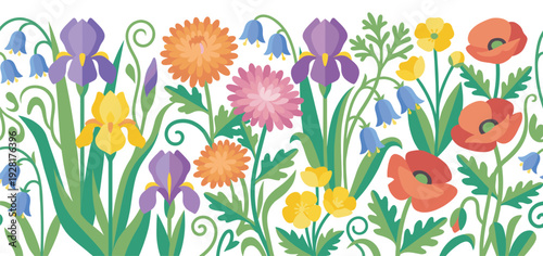 Colorful decorative floral border with various stylized flowers like iris, poppy, and chrysanthemum in a vibrant, flat vector illustration style with elegant swirling green stems