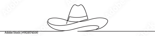 Continuous one line drawing of a cowboy hat in a minimalist style, showcasing a simple black outline sketch of classic western headwear with an elegant, unbroken stroke