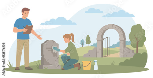 Woman and man volunteering together to clean and document an old gravestone in a historic cemetery, working on preservation and genealogical research on a sunny day