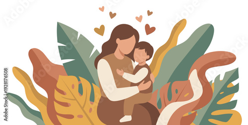Loving mother tenderly holding her young son in a warm embrace, depicted in a modern flat vector illustration with botanical elements and heart symbols of affection