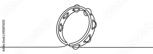 Single continuous line drawing of a tambourine musical instrument in a minimalist style, a simple black and white one-line art illustration for a modern graphic design concept