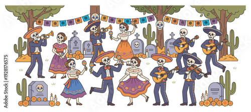 Joyful skeletons in mariachi suits and colorful dresses celebrate a traditional holiday with music and dance in a decorated cemetery with tombstones and marigold flowers