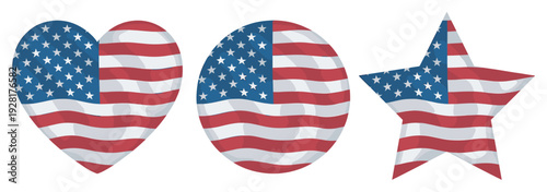 Set of three patriotic flag icons in heart, circle, and star shapes featuring a stylized and wavy red, white, and blue stars and stripes pattern for national holidays