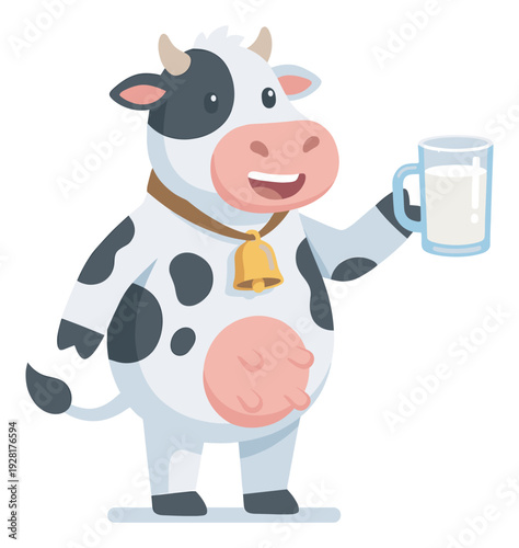 Friendly cartoon cow with black spots and a bell holds a glass mug of fresh milk, smiling happily in a cute flat vector illustration style for a dairy or farm concept