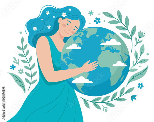 Serene woman with flowing blue hair and flowers gently cradles the planet Earth, symbolizing love, care, and environmental protection in a flat vector illustration style
