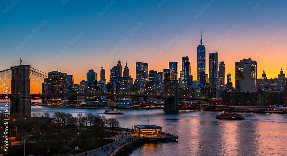 Obraz premium New York City skyline at dusk from Brooklyn Bridge Park.
