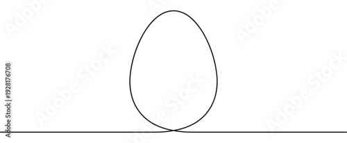 Continuous single black line drawing of an egg shape resting on a horizontal path in a minimalist, clean, and abstract graphic illustration style for conceptual design