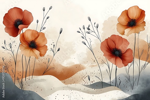 Wallpaper Mural Vibrant red and orange poppy flowers bloom gracefully among stylized hills with cool grey and warm earthy tones Torontodigital.ca