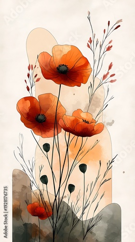Wallpaper Mural Vibrant red and orange poppies with slender stems rise elegantly against a soft arrangement of organic shapes Torontodigital.ca