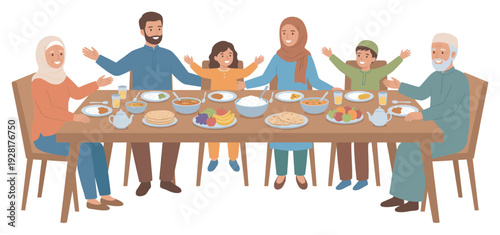 Large happy Muslim family with children and grandparents sitting together at a festive dinner table celebrating a holiday with traditional food in a flat vector illustration style