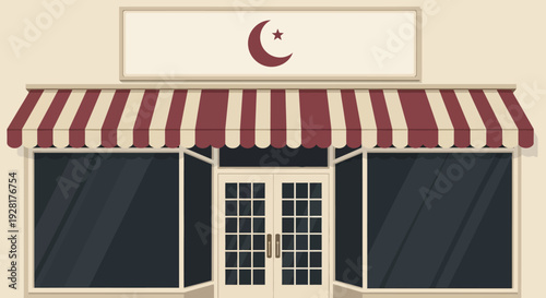 Storefront with striped awning and door.