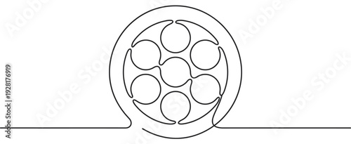 Film reel drawn in a continuous single line style, a minimalist black and white graphic illustration representing cinema, movies, and the entertainment industry