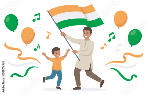 Joyful father and son celebrating together, the man holding a large tricolor flag while the boy runs happily amidst festive balloons, ribbons, and musical notes