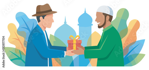 Two diverse men from different cultures happily exchanging a red gift box during an Islamic holiday celebration with mosque silhouettes