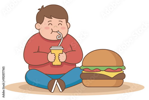 Happy overweight boy cartoon character sitting cross-legged on the floor, drinking a beverage and enjoying a large hamburger meal in a cute, simple illustrated style
