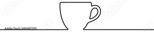 Continuous single line drawing of a coffee cup with a handle, created in a minimalist black and white style, representing a simple and elegant beverage icon for a cafe menu