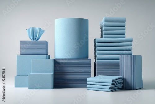 Blue paper tissue boxes rolls and folded towels arranged in minimal studio setting. sanitation and household cleaning concept