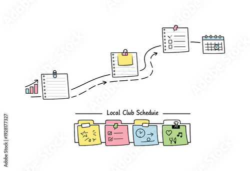 Milestone roadmap path, notebook strips as checkpoints, mini chart and calendar icons, pinned sticky notes for Local club