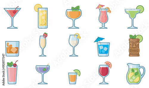 Colorful collection of various cocktail icons in a flat vector style, showing different glasses, garnishes, and alcoholic beverages for a bar menu or summer party theme