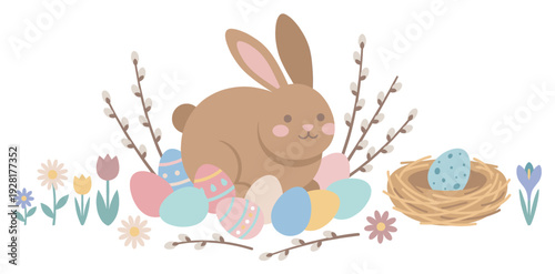 Cute brown Easter bunny illustration sitting among colorful decorated eggs, pussy willow branches, spring flowers, and a nest in a charming flat vector style for a festive holiday celebration