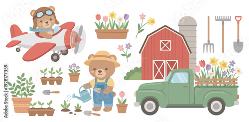 Cute cartoon clipart set featuring adorable bears, one a pilot in an airplane and another a gardener, with a farm barn, vintage truck, spring flowers, and gardening tools
