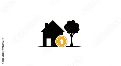 Black house with tree and coin.