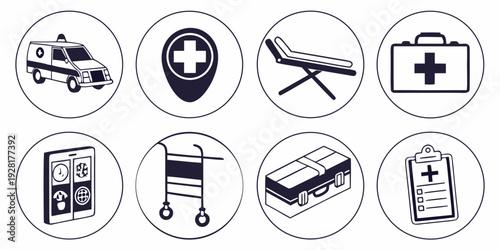 A collection of icons representing various modes of transportation and communication. Vector