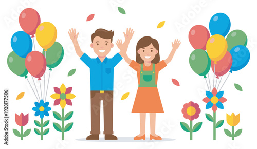 Happy cartoon couple, a man and woman, smiling and waving their hands in the air surrounded by colorful balloons and flowers in a flat vector illustration style