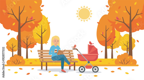 Happy young mother reading a book on a wooden bench in an autumn park with a baby stroller nearby on a beautiful sunny day with colorful falling leaves