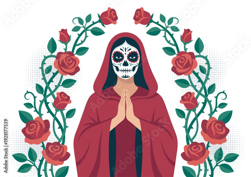 Calavera Catrina with traditional sugar skull makeup wearing a red hooded cloak and praying, framed by an arch of thorny red roses for a Dia de los Muertos celebration