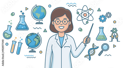 Friendly woman scientist teacher with glasses and a lab coat holds a pointer, surrounded by icons of chemistry, biology, and physics in a flat line art illustration
