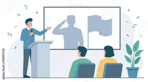 Flat vector illustration of a man giving a patriotic speech at a podium during a memorial event with a soldier's silhouette on a screen
