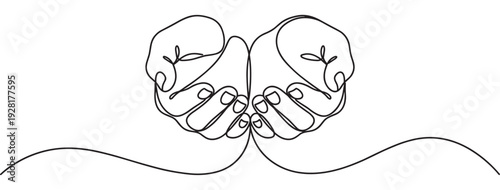 Two cupped human hands drawn in a continuous single line art style showing a gesture of giving, receiving, or charity in a minimalist black and white illustration