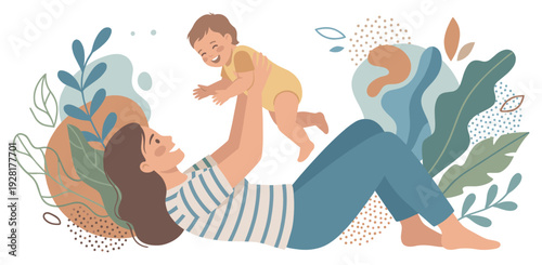 Happy young mother lying down playfully lifts her smiling baby in the air in a beautiful flat vector illustration with abstract botanical elements and soft, earthy tones