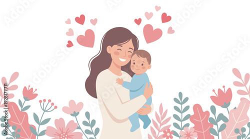 Happy cartoon mother embracing her son with love and affection, a tender moment of motherhood illustrated with floating hearts and a beautiful floral frame