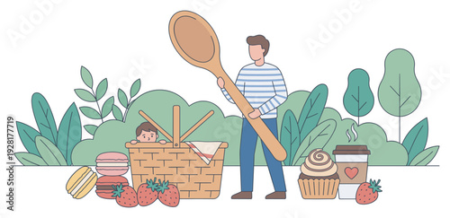 Man holding a giant wooden spoon and a boy peeking from a picnic basket in a whimsical, surreal illustration with sweets and coffee