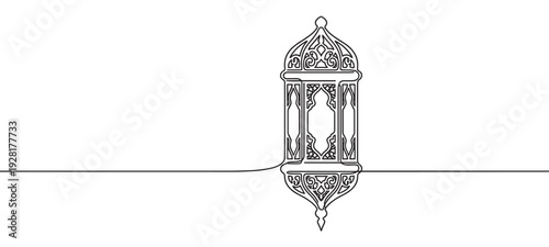 Traditional Arabic Fanoos lantern drawn with a single continuous line, a minimalist black and white illustration with an intricate pattern for Islamic holiday celebrations