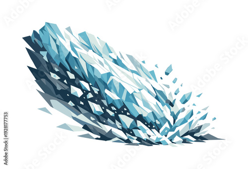 Glacier Slide Collapse. Low-poly vector illustration of a glacier slide collapse as a direct hero depiction, massive glacier mass