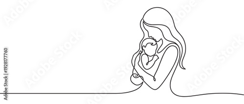 Continuous one line drawing of a mother holding her newborn baby close, a minimalist black and white illustration symbolizing love, care, and the tender bond of family