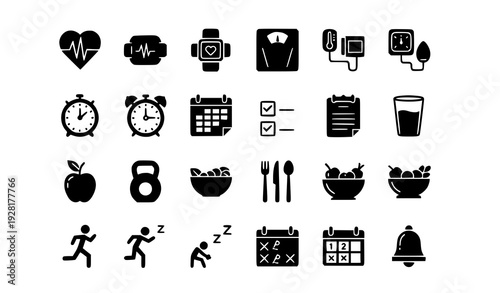 Minimal Black Health, Fitness and Productivity Glyph Icons