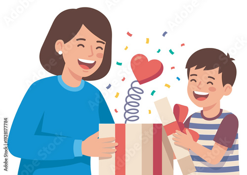 Happy young boy gives his mother a surprise gift box with a heart on a spring popping out, celebrating a special occasion with joy and colorful confetti in a flat vector style