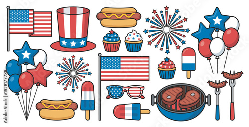 Collection of patriotic American holiday icons including a flag, top hat, fireworks, and barbecue food in a festive, colorful cartoon style for a summer celebration