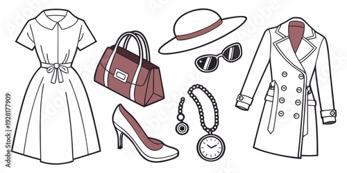 Assorted vintage clothing items displayed on a white background Vector