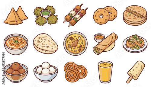 Collection of traditional Indian food illustrations featuring various dishes like samosa, curry, biryani, naan, and desserts in a colorful cartoon vector art style