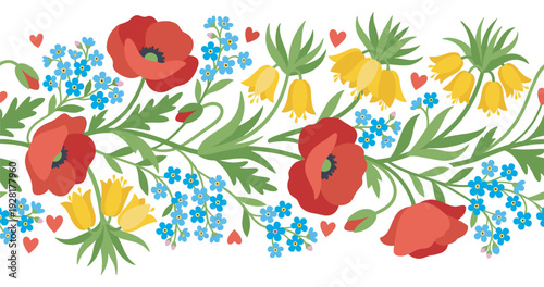 Seamless floral border with red poppies, blue forget-me-nots, and yellow bellflowers in a decorative folk art style with intertwined green leaves and small romantic hearts