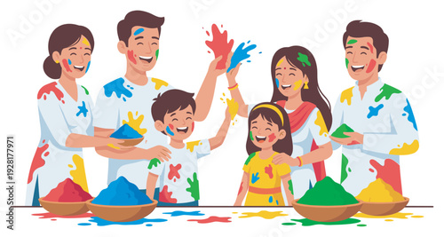 Large happy Indian family with children celebrating the Holi festival of colors, smiling and throwing vibrant gulal powder at each other in a joyful flat vector illustration