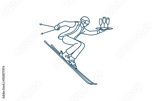 Skier holding champagne flutes on a tray while skiing down a mountain winter