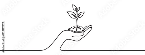 Single continuous line drawing of a hand holding a small plant with soil and roots, symbolizing growth, care, and environmental protection in a minimalist black and white style